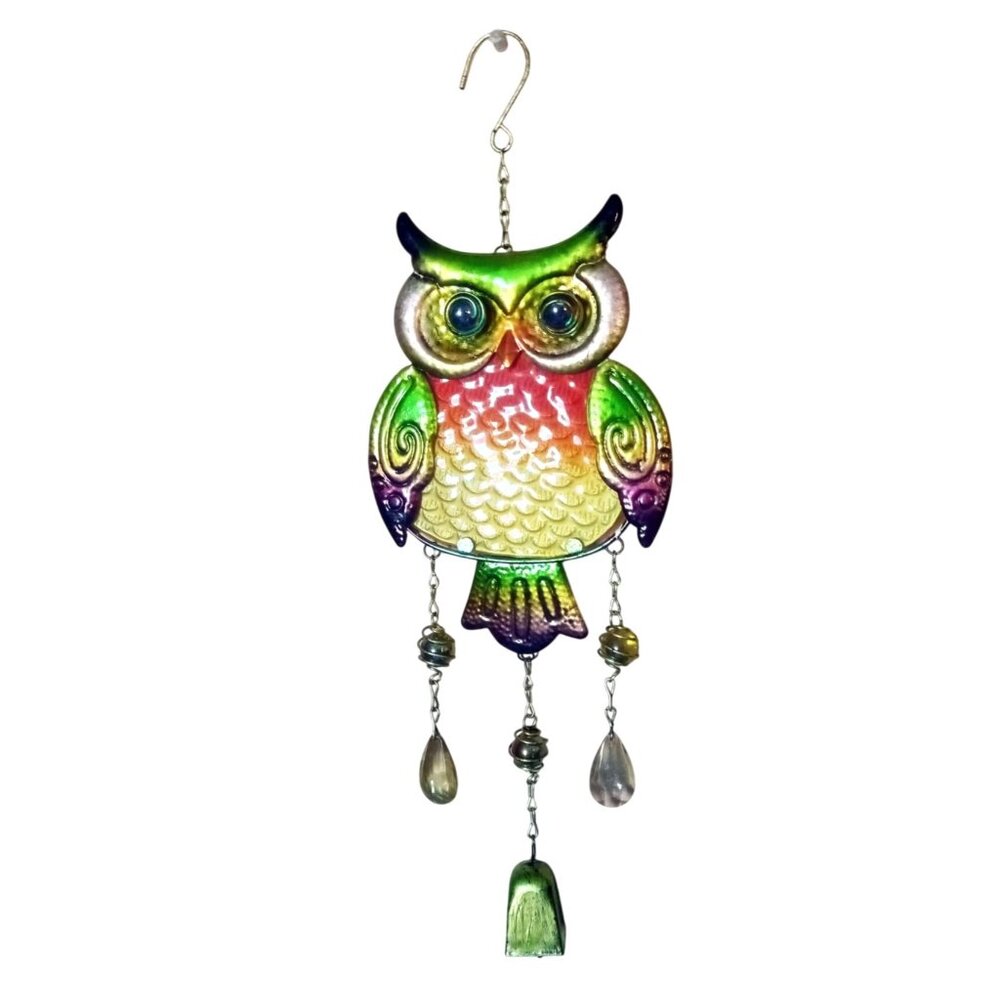 Metal Owl Wind Chime Bell Colorful Glass Accent Hanging Hook Outdoor Decor 21 In